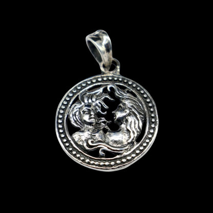 Sterling silver Gemini zodiac pendant featuring Mithun Rashi symbol, ethnic jewelry design by TRIBAL ORNAMENTS.
