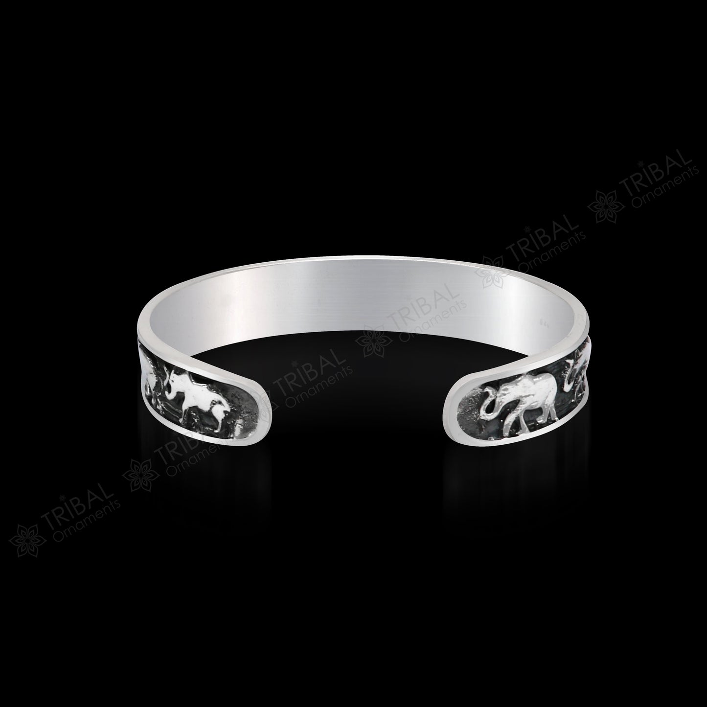 Sterling silver handcrafted elephant design cuff bangle bracelet, adjustable unisex tribal jewelry by Tribal Ornaments