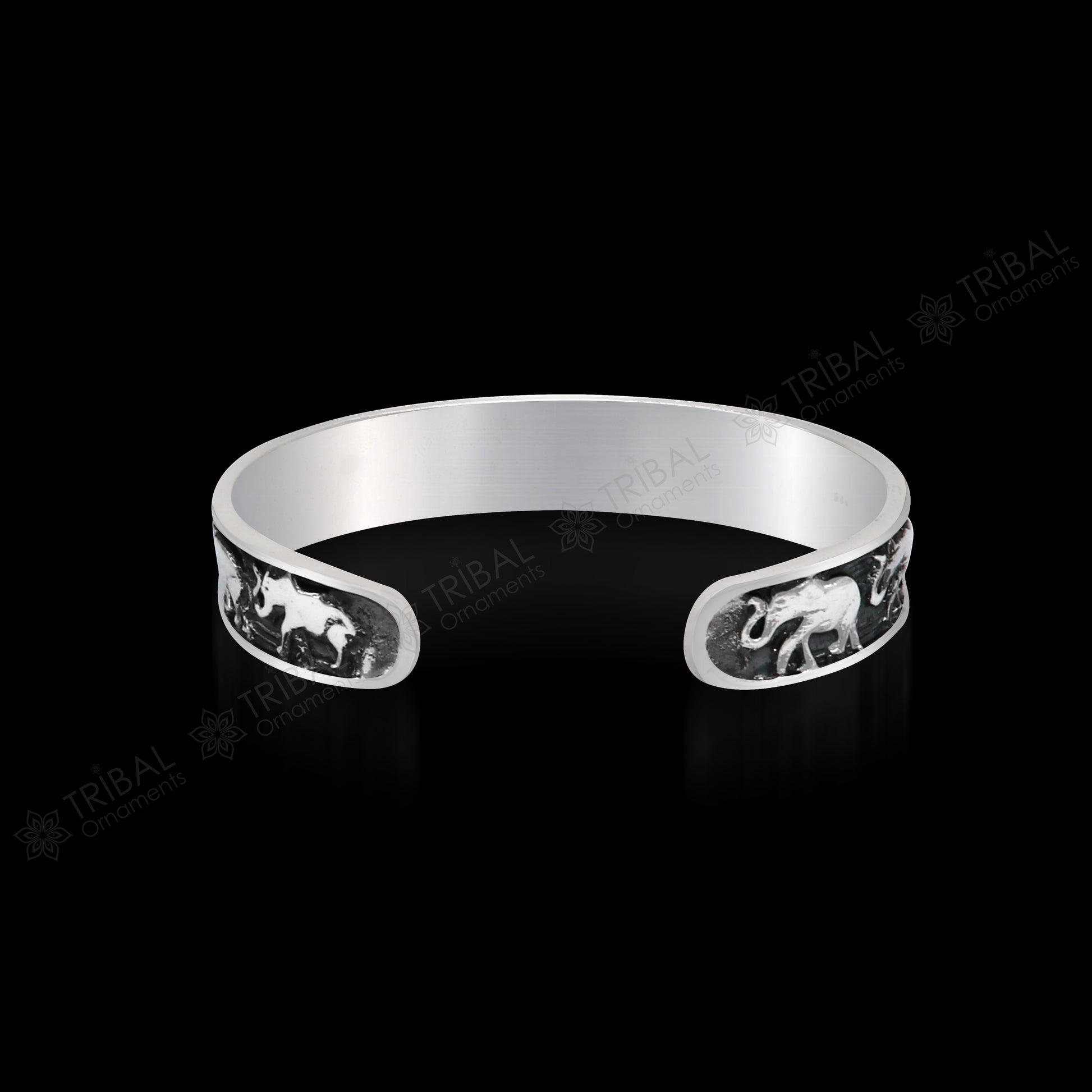 Sterling silver handcrafted elephant design cuff bangle bracelet, adjustable unisex tribal jewelry by Tribal Ornaments