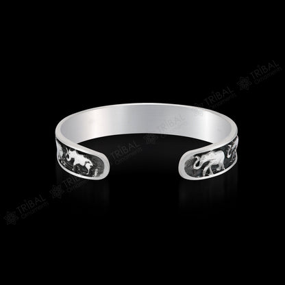 Sterling silver handcrafted elephant design cuff bangle bracelet, adjustable unisex tribal jewelry by Tribal Ornaments