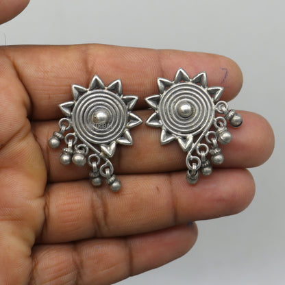 925 sterling silver floral design stud earrings from TRIBAL ORNAMENTS, featuring ethnic bride jewelry with intricate craftsmanship.