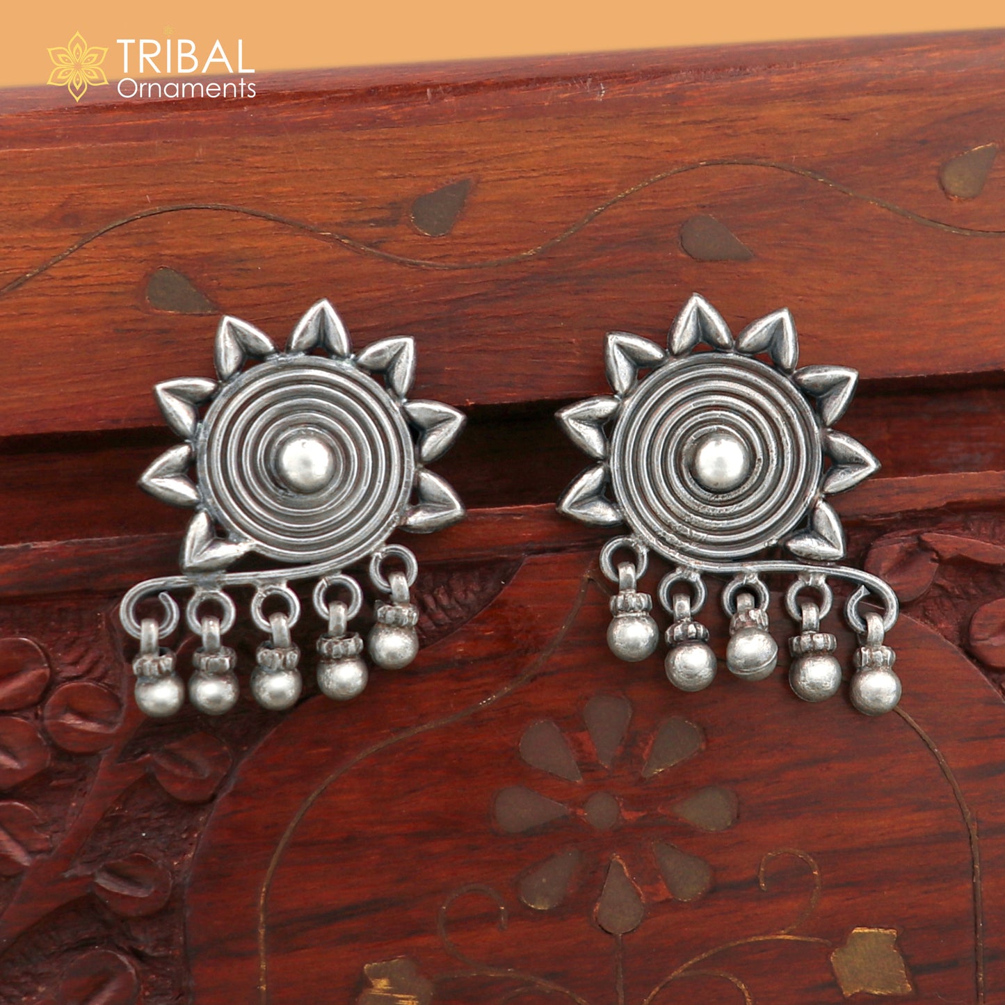 925 sterling silver floral design stud earrings from TRIBAL ORNAMENTS, ethnic bridal jewelry with intricate craftsmanship.