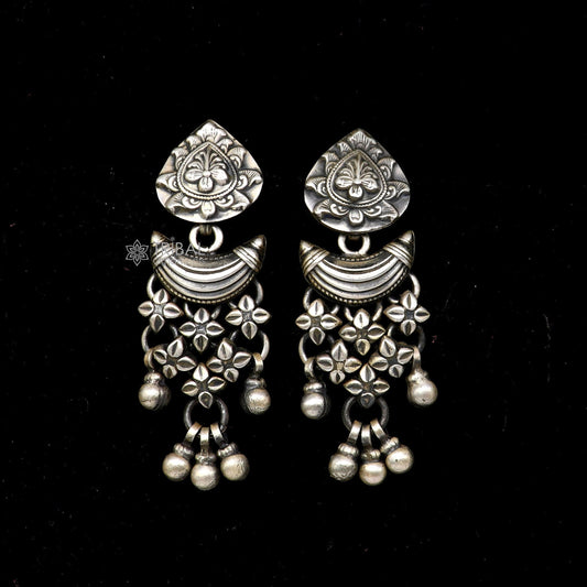 Sterling silver floral stud earrings with hanging drop dangle design, by TRIBAL ORNAMENTS, showcasing intricate floral craftsmanship.