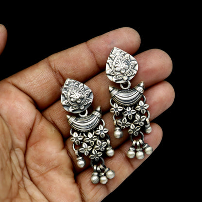 925 sterling silver floral design stud earrings with hanging drop dangle, featuring intricate craftsmanship by TRIBAL ORNAMENTS.