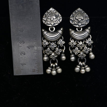 925 sterling silver floral stud earrings with hanging drop dangle, featuring intricate tribal ornament design.