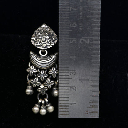 925 sterling silver floral design stud earrings with hanging drop dangle, featuring intricate craftsmanship by TRIBAL ORNAMENTS.