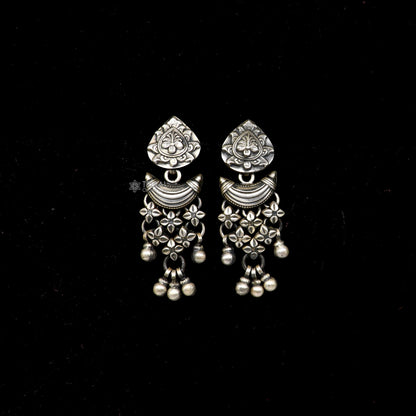 Sterling silver floral design stud earrings with hanging drop dangles from TRIBAL ORNAMENTS featuring intricate craftsmanship.