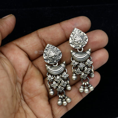 925 sterling silver floral design stud earrings with hanging drop dangle, featuring intricate craftsmanship and elegant style.