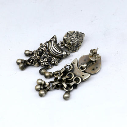 925 sterling silver floral design stud earrings with hanging drop dangles by TRIBAL ORNAMENTS, showcasing intricate floral patterns.