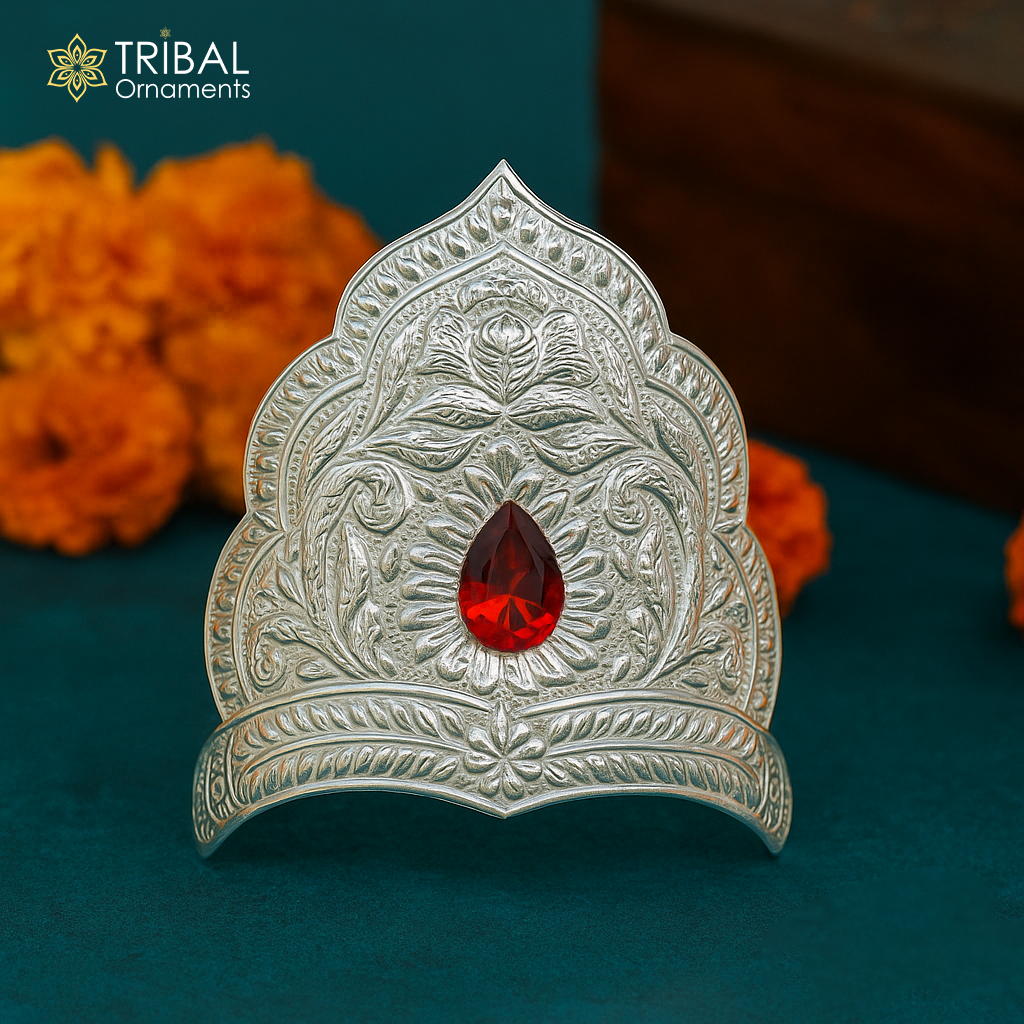 925 sterling silver vintage antique design handmade mukut (crown), amazing design silver god crown home temple god art su871 - TRIBAL ORNAMENTS