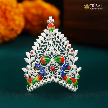 Sterling silver vintage handmade Mukut crown with peacock design, suitable for home temple decor and religious offerings.