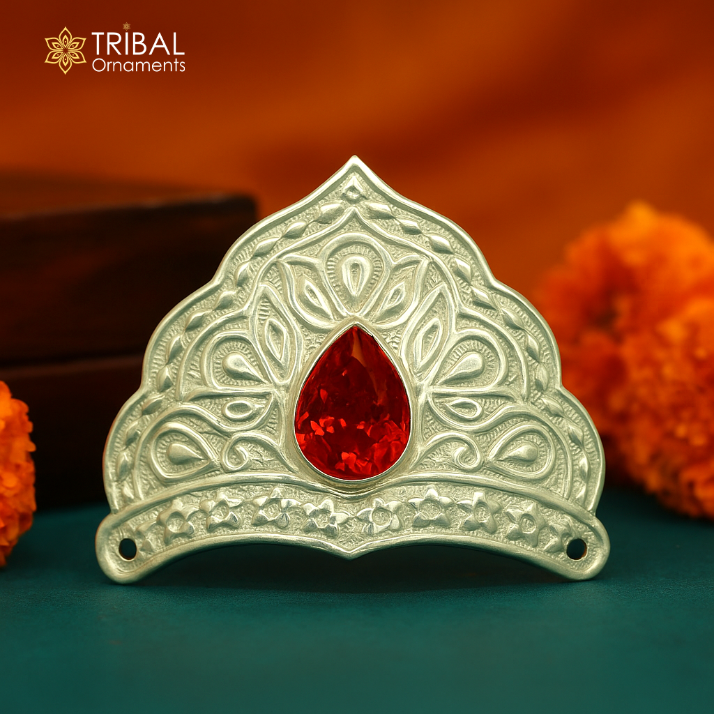 925 sterling silver vintage antique design mukut (crown), amazing handmade enamel design silver god crown home temple god hat su1279 - TRIBAL ORNAMENTS