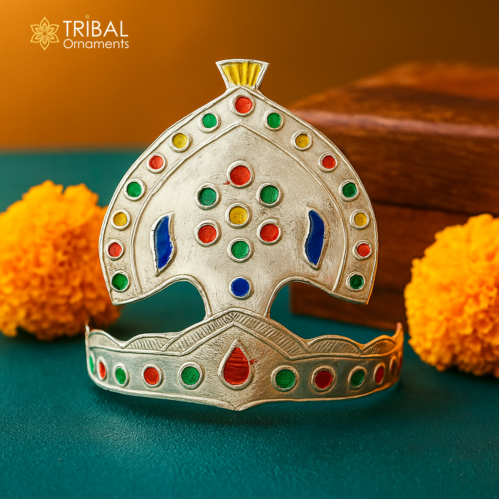 925 sterling silver vintage antique design mukut (crown), amazing handmade enamel design silver god crown home temple god hat su697 - TRIBAL ORNAMENTS