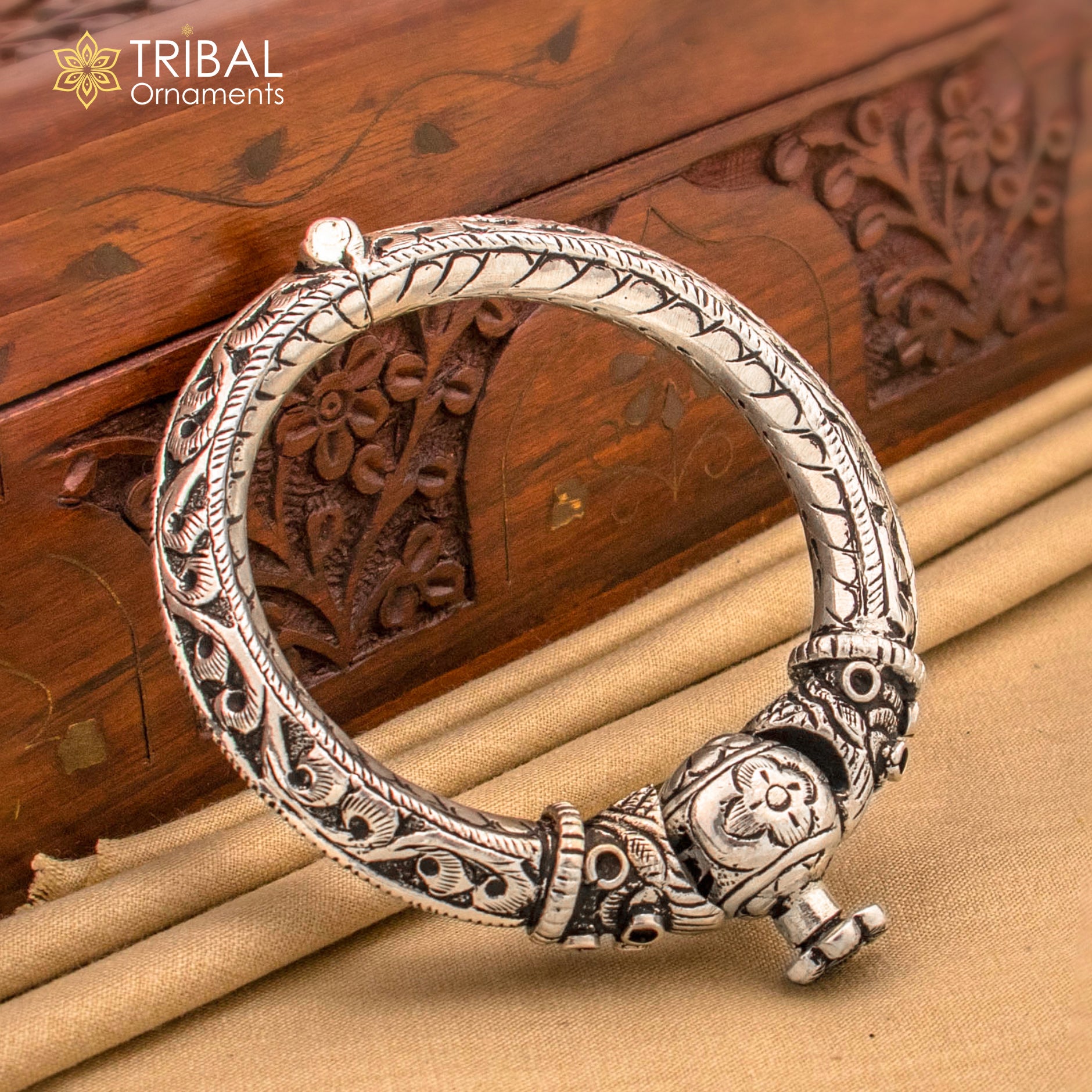 925 sterling silver vintage design chitai work crocodile face bangle bracelet kada nsk543 - TRIBAL ORNAMENTS