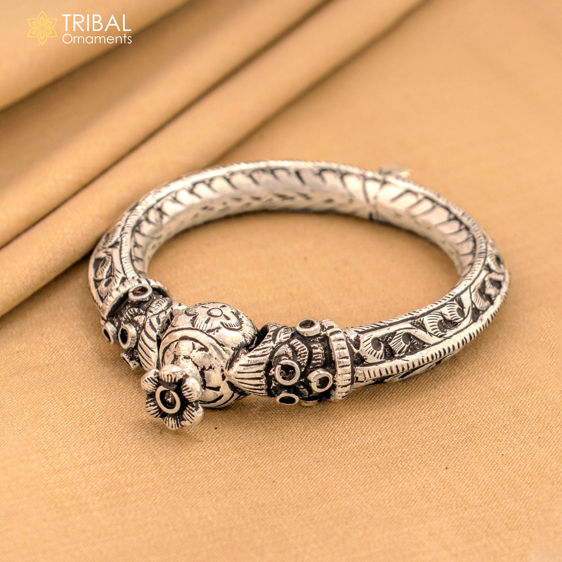 925 sterling silver vintage design chitai work crocodile face bangle bracelet kada nsk543 - TRIBAL ORNAMENTS