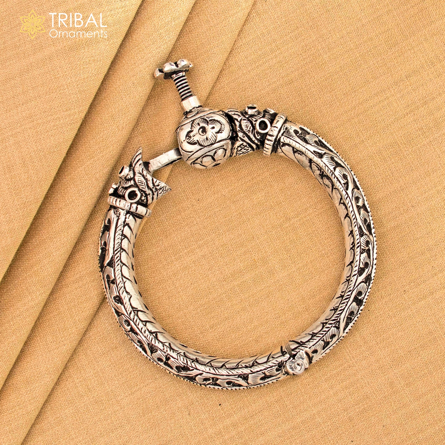 925 sterling silver vintage design chitai work crocodile face bangle bracelet kada nsk543 - TRIBAL ORNAMENTS