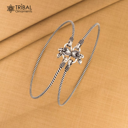 Sterling silver vintage-style foot bracelet anklet with hanging drops, tribal-inspired ethnic jewelry, customizable by TRIBAL ORNAMENTS.