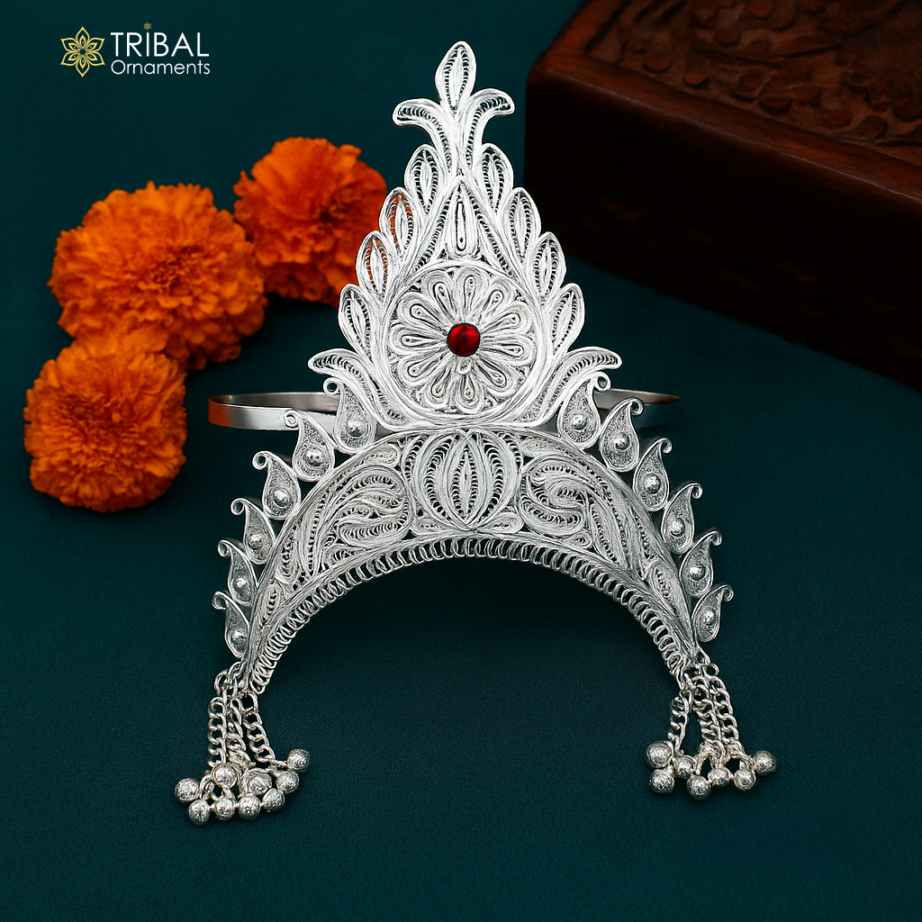 925 sterling silver vintage design handmade mukut (crown), amazing stylish work design silver god crown home temple god article art su973 - TRIBAL ORNAMENTS