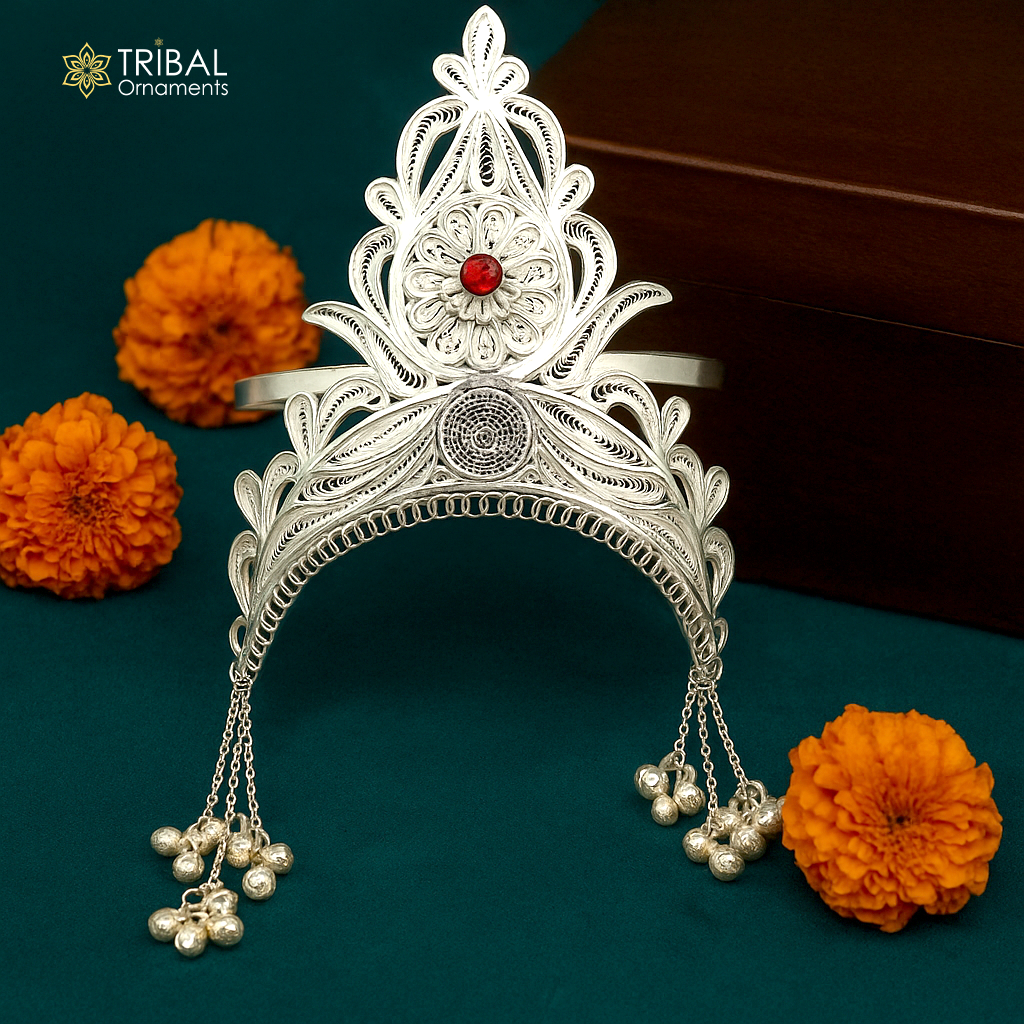 925 sterling silver vintage design handmade mukut (crown), amazing stylish work design silver god crown home temple god article art su974 - TRIBAL ORNAMENTS