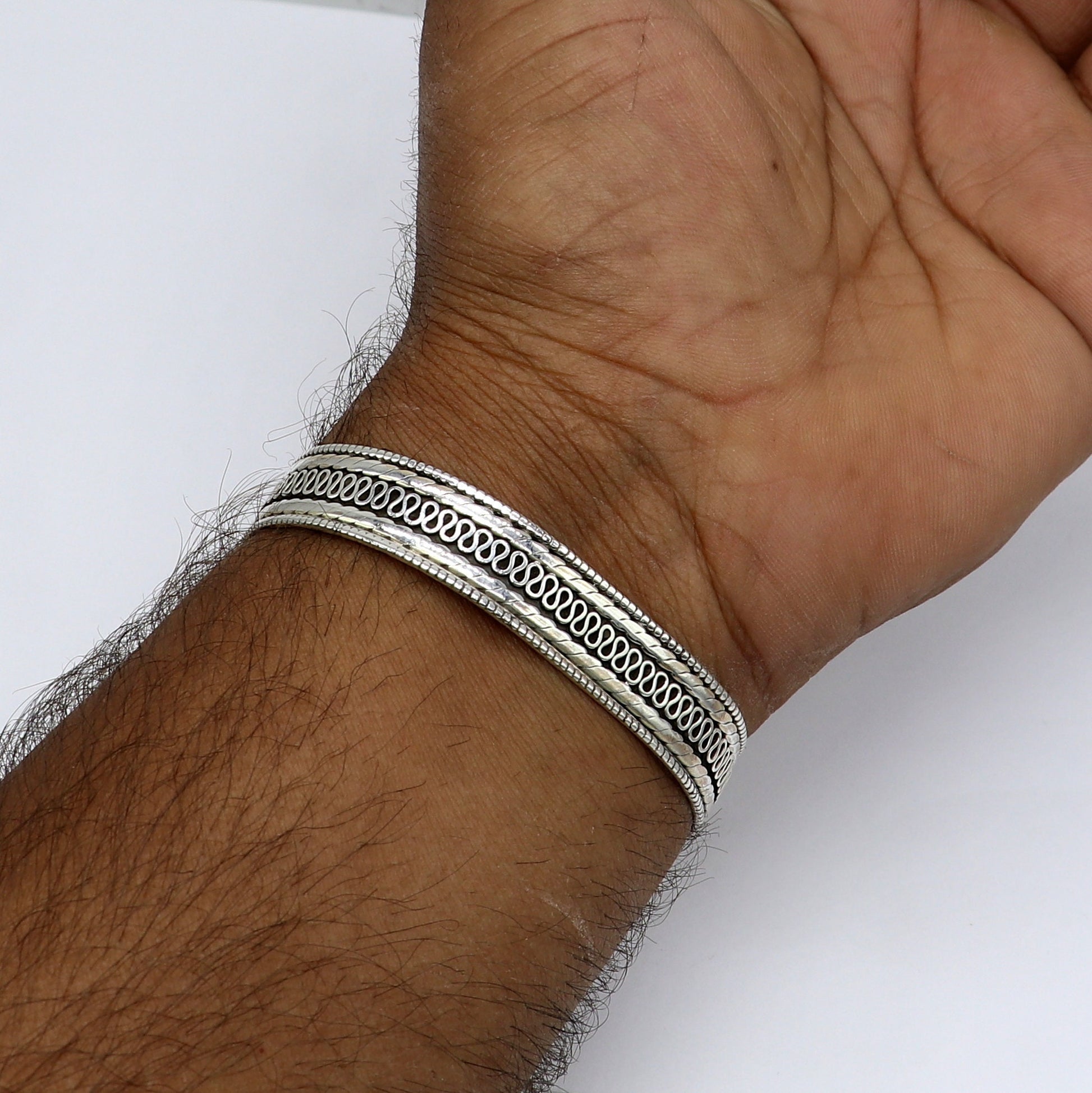 925 sterling silver vintage handmade cuff bracelet with intricate tribal design from TRIBAL ORNAMENTS.