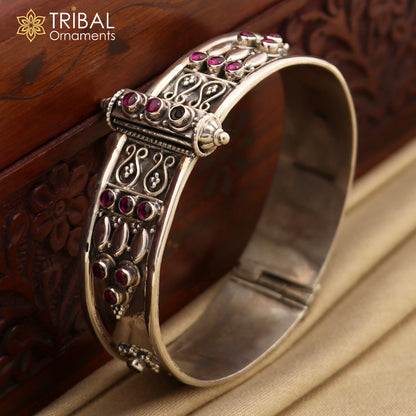 Sterling silver vintage bangle with purple stone, tribal-inspired cuff bracelet, stylish jewelry for brides by Tribal Ornaments.