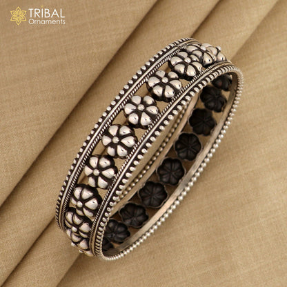 925 sterling silver vintage floral bangle bracelet by Tribal Ornaments featuring tribal ethnic design and intricate floral details.