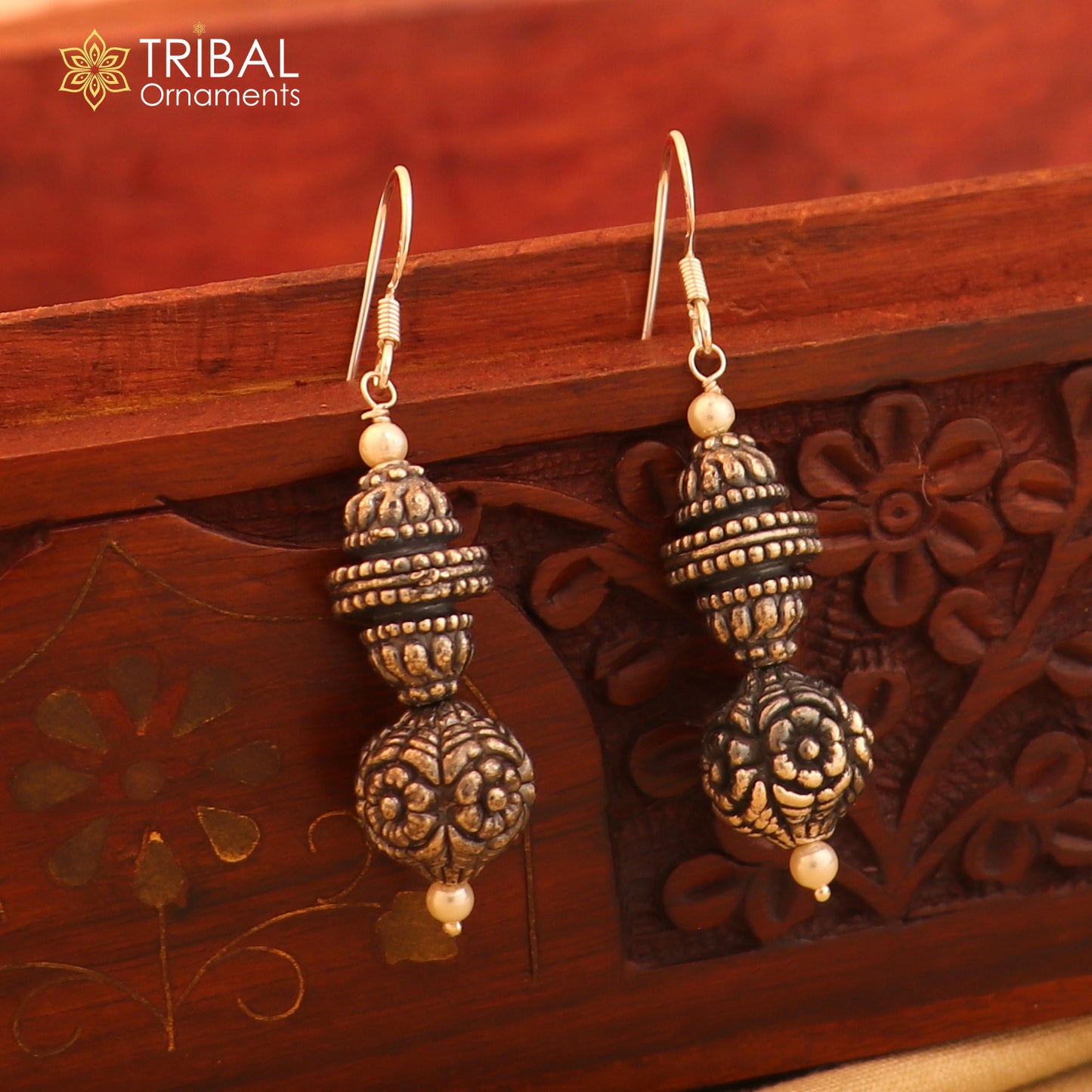 925 sterling silver vintage flower design hoops earrings, tribal ethnic jewelry er235 - TRIBAL ORNAMENTS