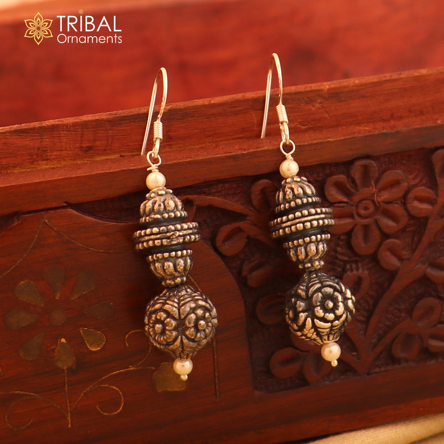 925 sterling silver vintage flower design hoops earrings, tribal ethnic jewelry er235 - TRIBAL ORNAMENTS