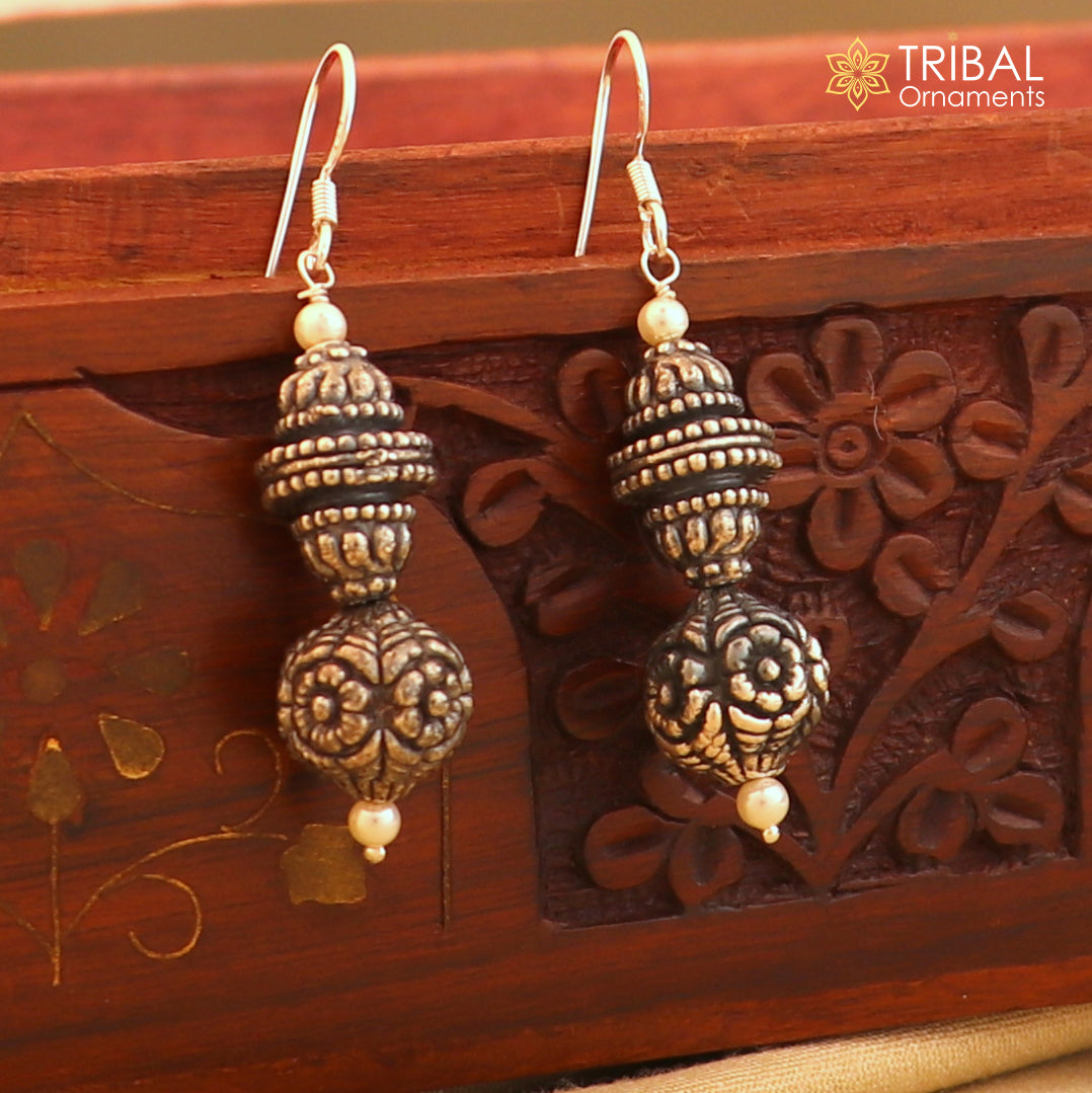 925 sterling silver vintage flower design hoops earrings, tribal ethnic jewelry er235 - TRIBAL ORNAMENTS