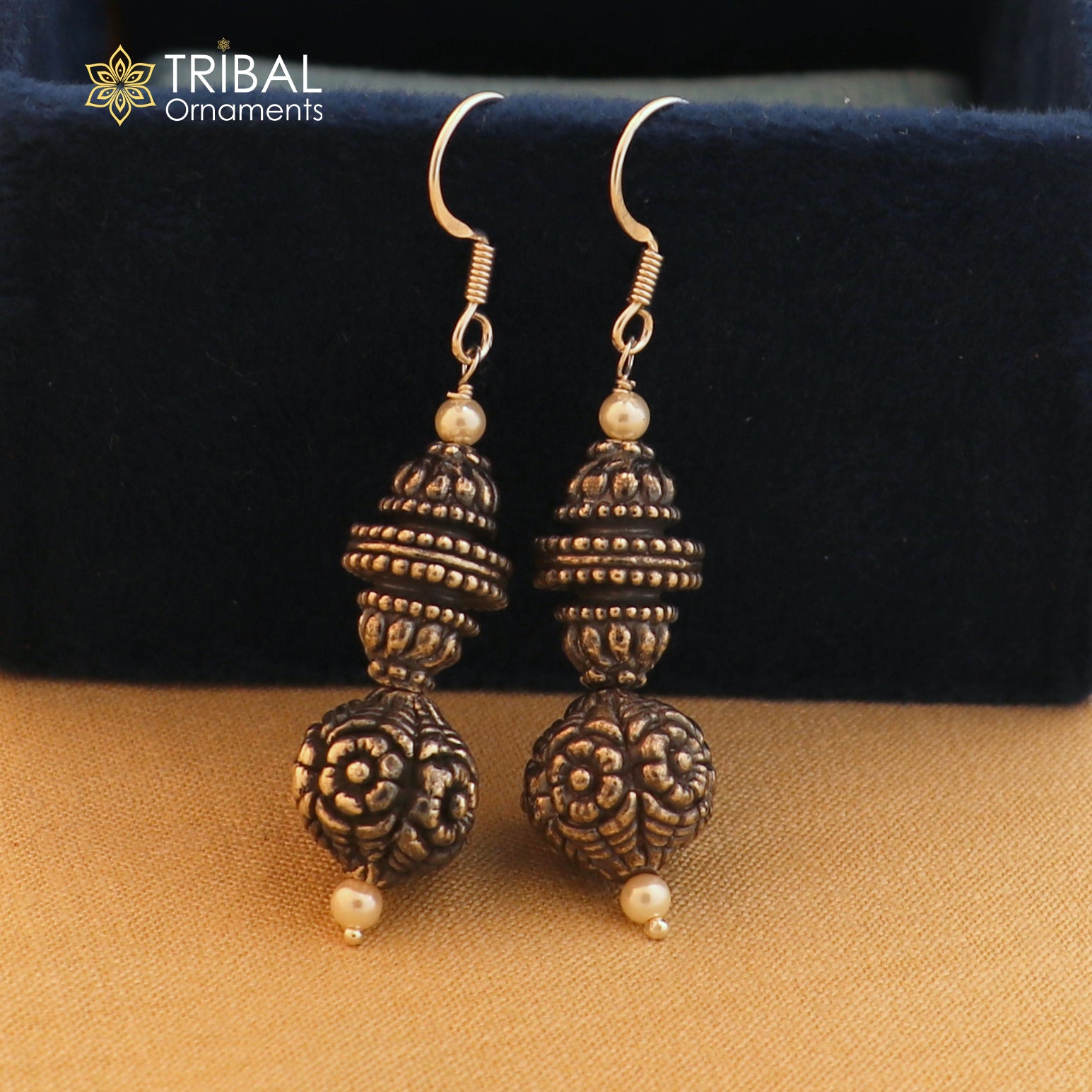 925 sterling silver vintage flower design hoops earrings, tribal ethnic jewelry er235 - TRIBAL ORNAMENTS