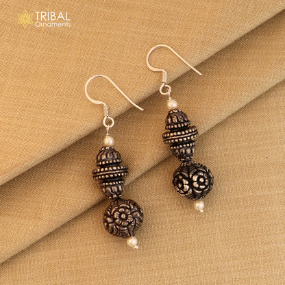 925 sterling silver vintage flower design hoops earrings with tribal ethnic style, featuring intricate floral details.