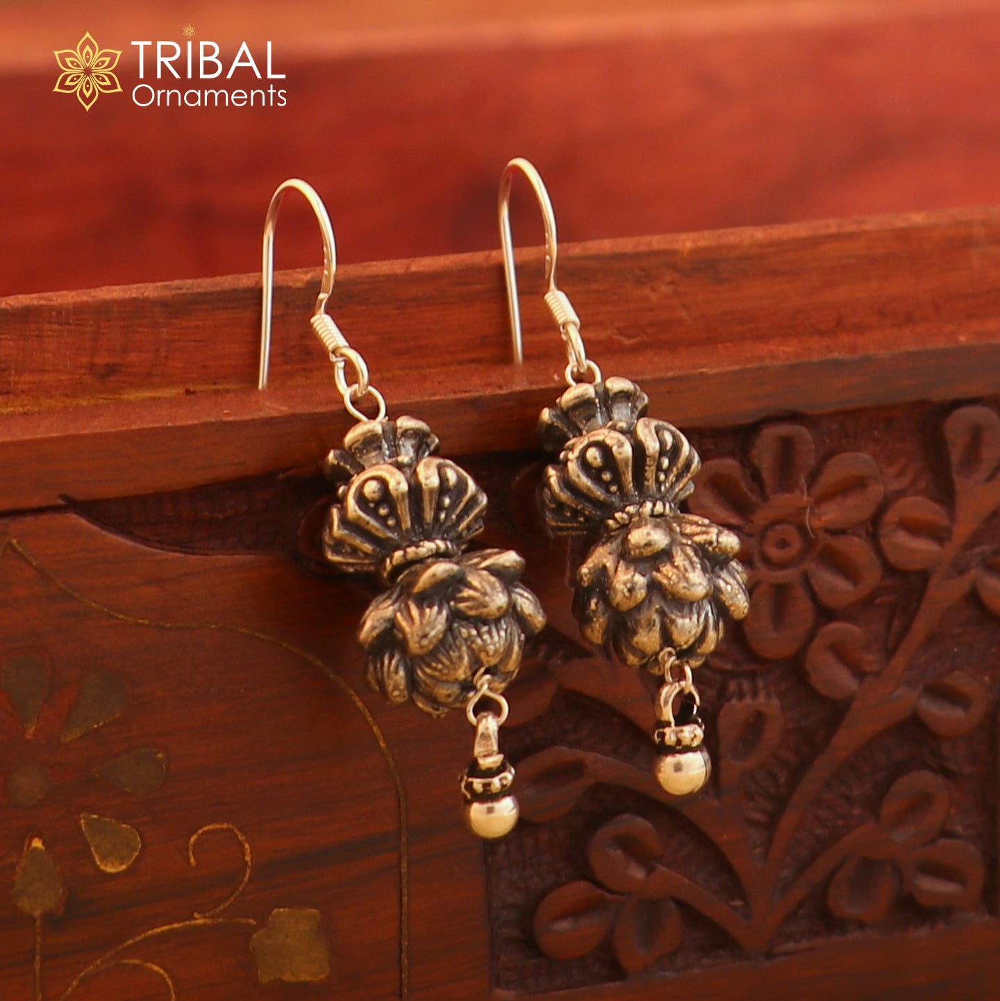 925 sterling silver vintage flower design hoops earrings, tribal ethnic jewelry er236 - TRIBAL ORNAMENTS