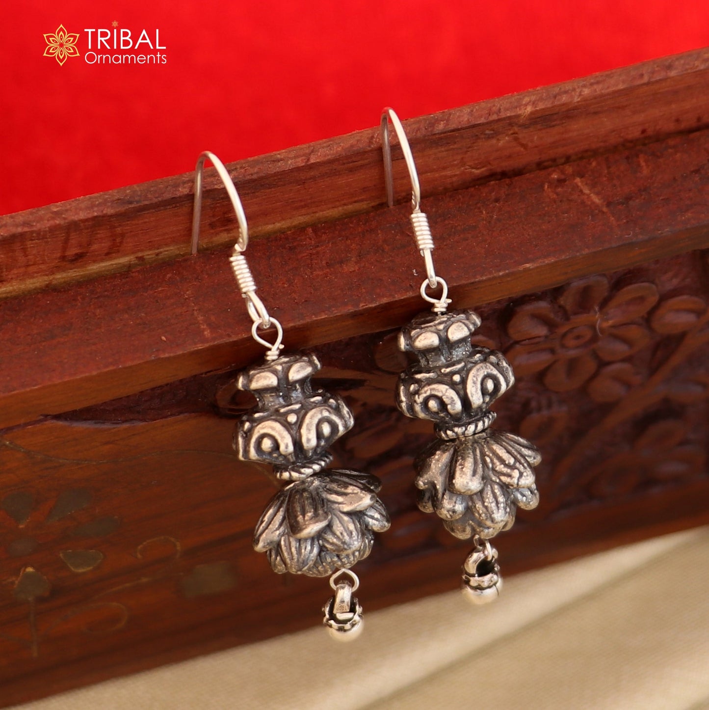 925 sterling silver vintage flower design hoops earrings, tribal ethnic jewelry er236 - TRIBAL ORNAMENTS