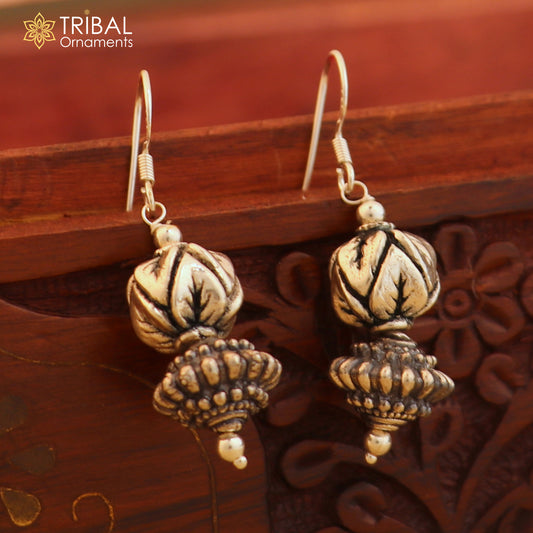 925 sterling silver vintage leaf design hoops earrings, tribal ethnic jewelry er237 - TRIBAL ORNAMENTS