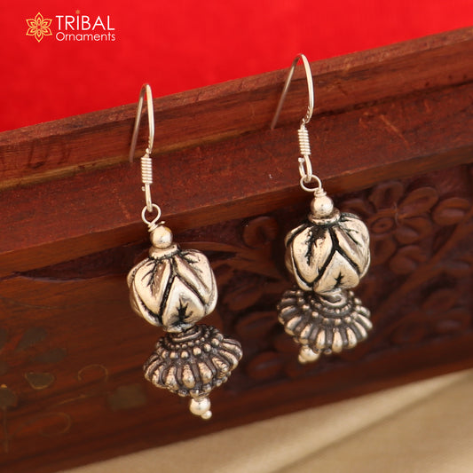 925 sterling silver vintage leaf design hoops earrings, tribal ethnic jewelry er237 - TRIBAL ORNAMENTS