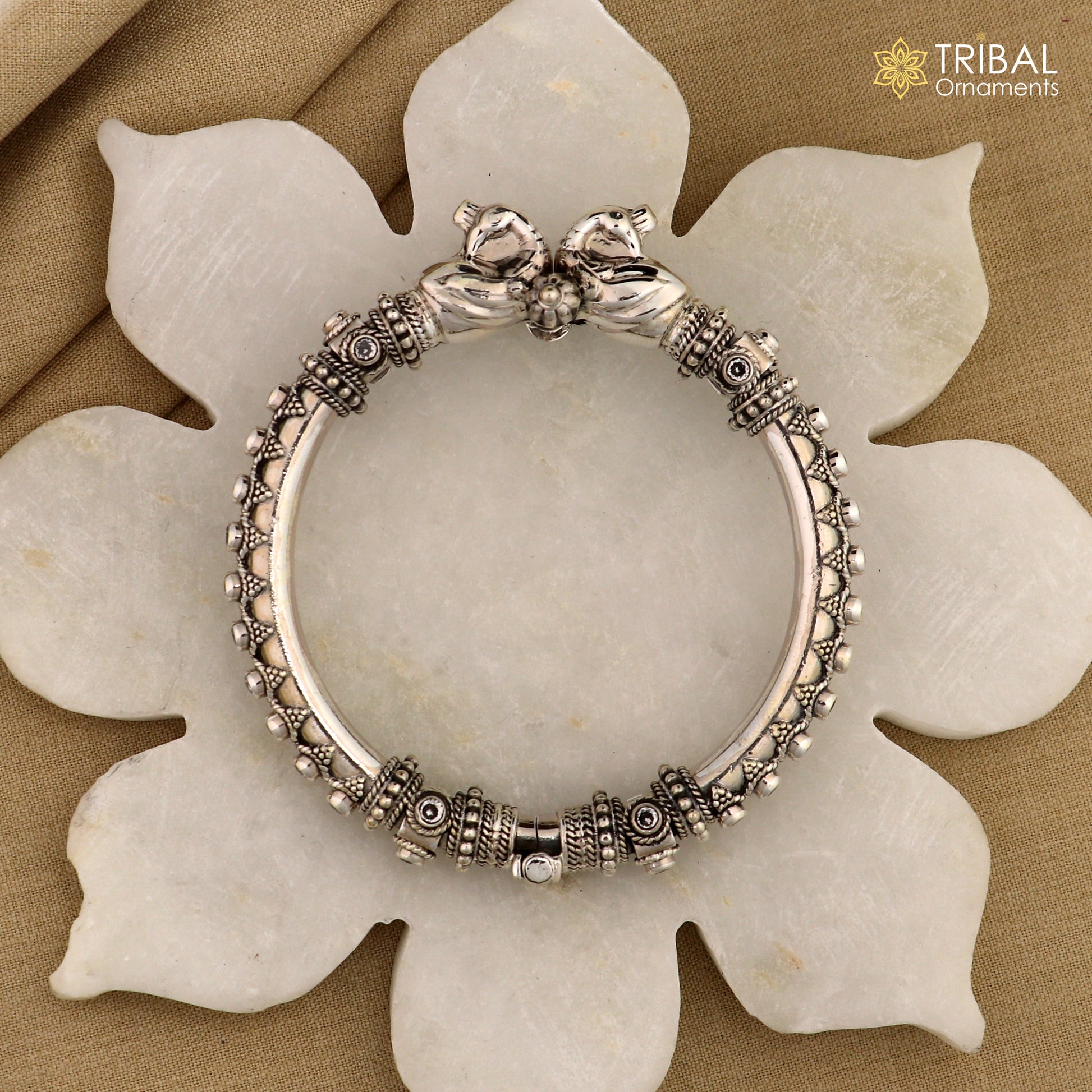 925 Sterling silver vintage peacock design cubic zircon stone tribal ethnic bangle bracelet kada Rnsk621 - TRIBAL ORNAMENTS