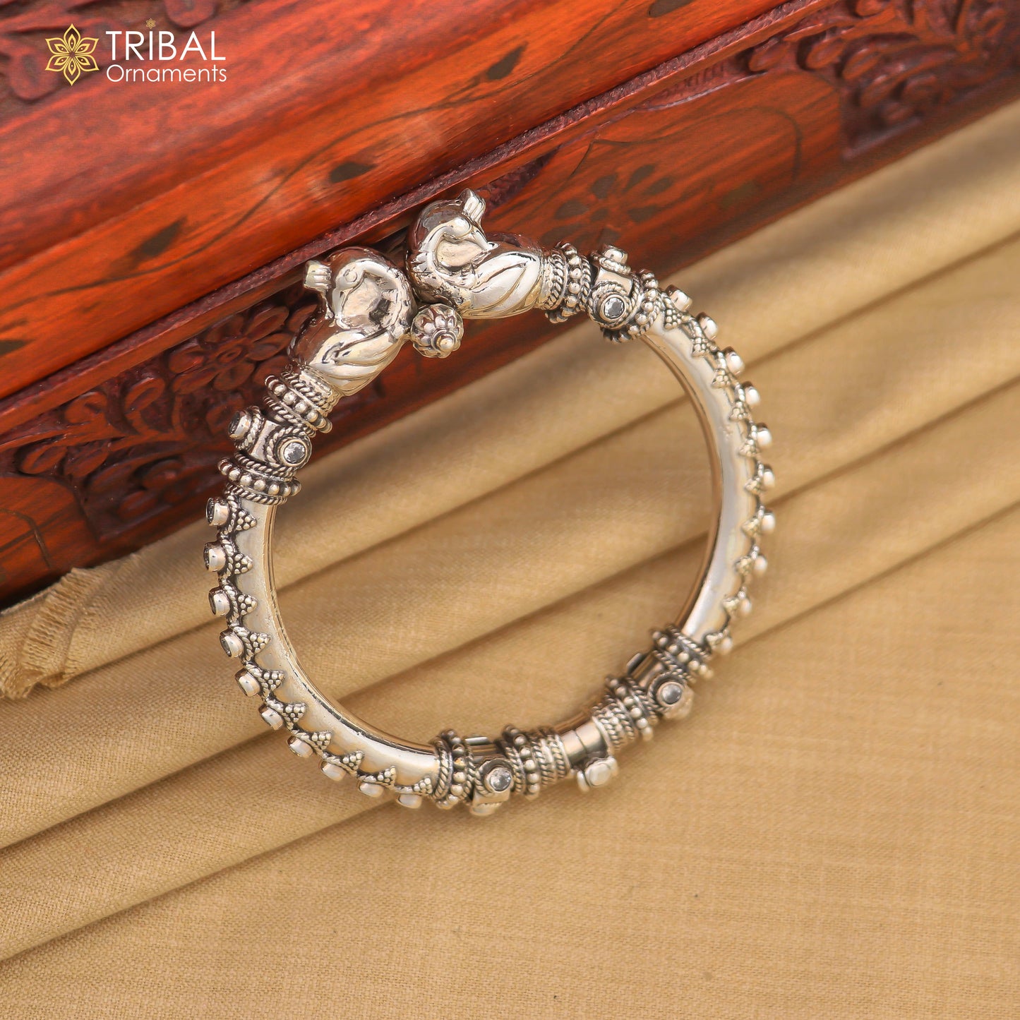 925 Sterling silver vintage peacock design cubic zircon stone tribal ethnic bangle bracelet kada Rnsk621 - TRIBAL ORNAMENTS
