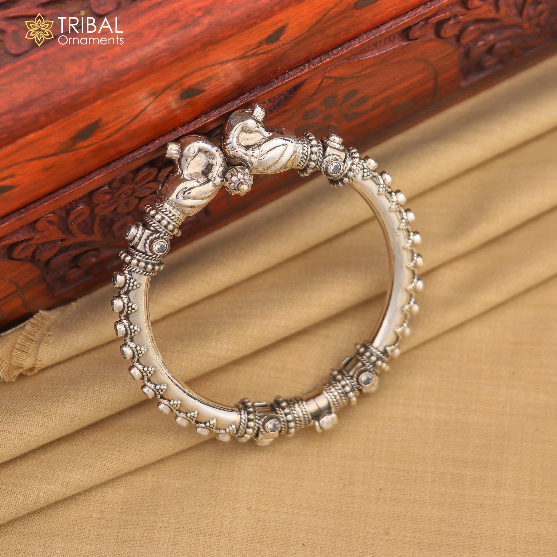 925 Sterling silver vintage peacock design cubic zircon stone tribal ethnic bangle bracelet kada Rnsk621 - TRIBAL ORNAMENTS
