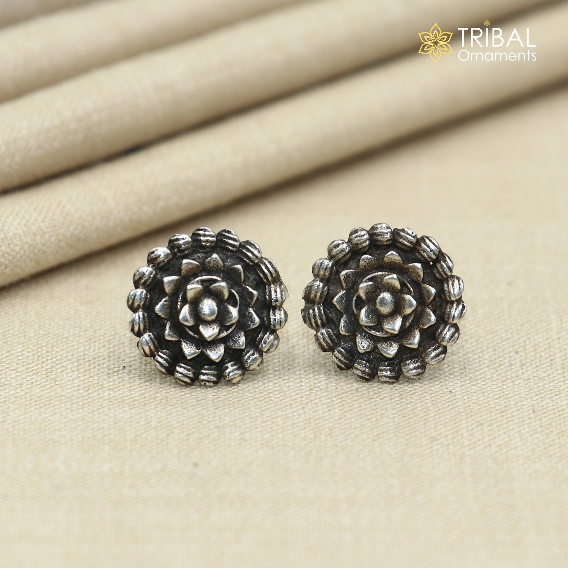 925 sterling silver vintage flower design stud earring by TRIBAL ORNAMENTS featuring intricate ethnic floral details.