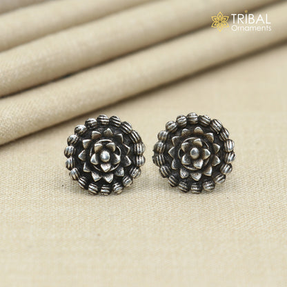 925 sterling silver vintage flower design stud earring by TRIBAL ORNAMENTS featuring intricate ethnic floral details.