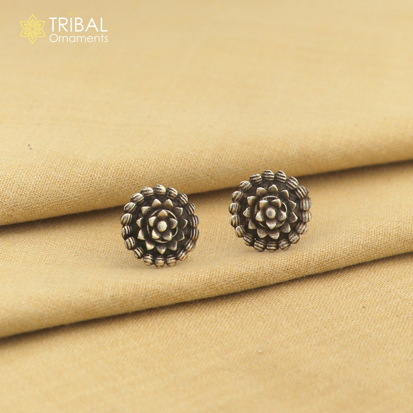 925 sterling silver vintage floral stud earring with ethnic design by TRIBAL ORNAMENTS, featuring intricate flower patterns.