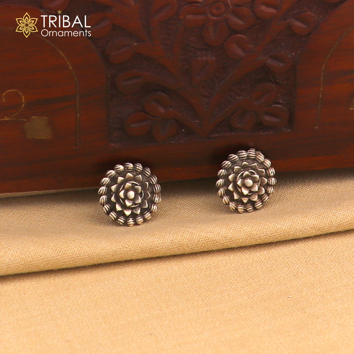 925 sterling silver vintage flower design ethnic stud earring by TRIBAL ORNAMENTS featuring intricate floral detailing
