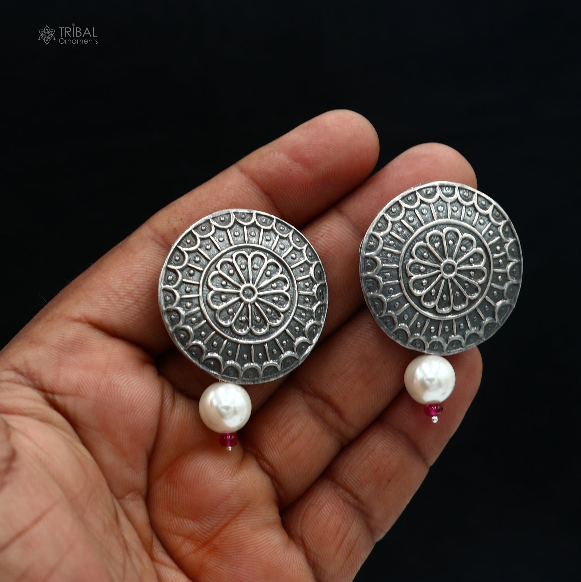925 sterling silver vintage-style round traditional earring by TRIBAL ORNAMENTS with intricate tribal design and polished finish