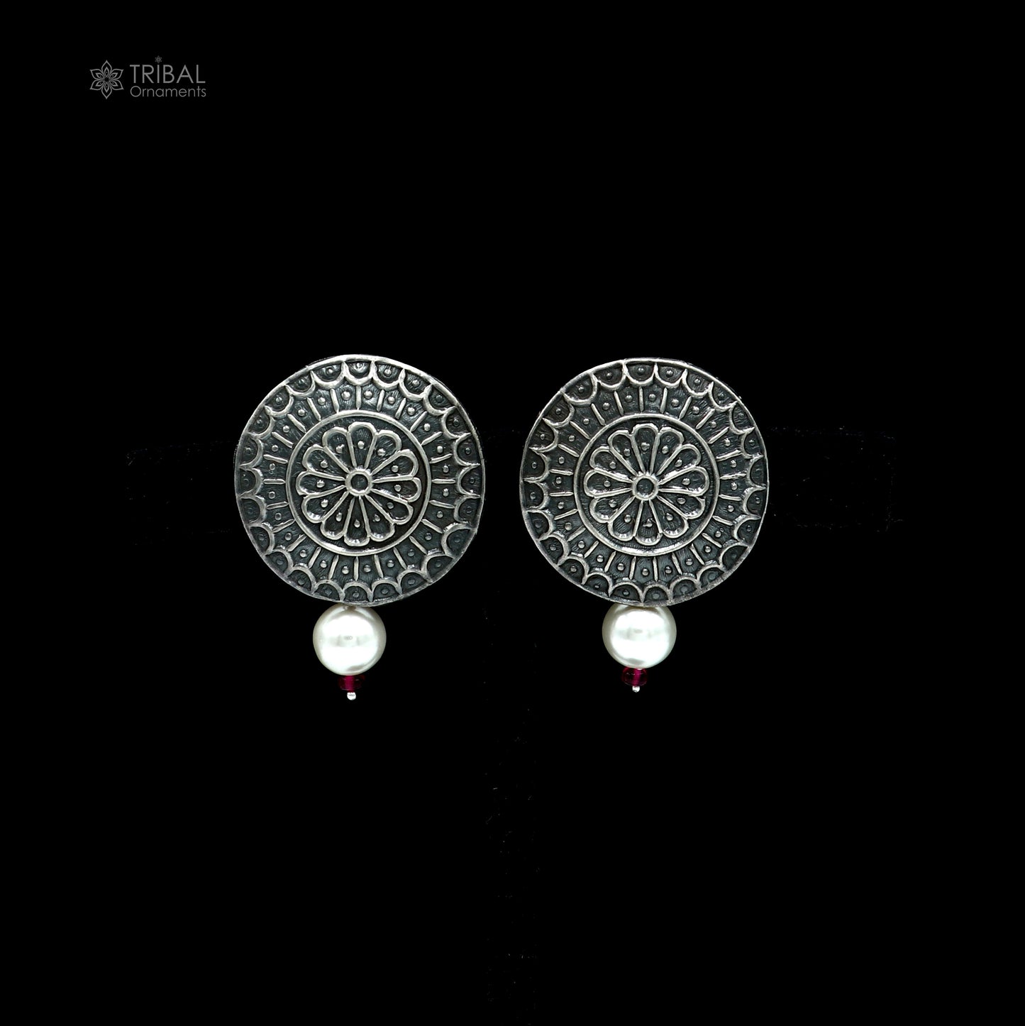 Vintage style round sterling silver traditional earring by TRIBAL ORNAMENTS with intricate design and classic craftsmanship.