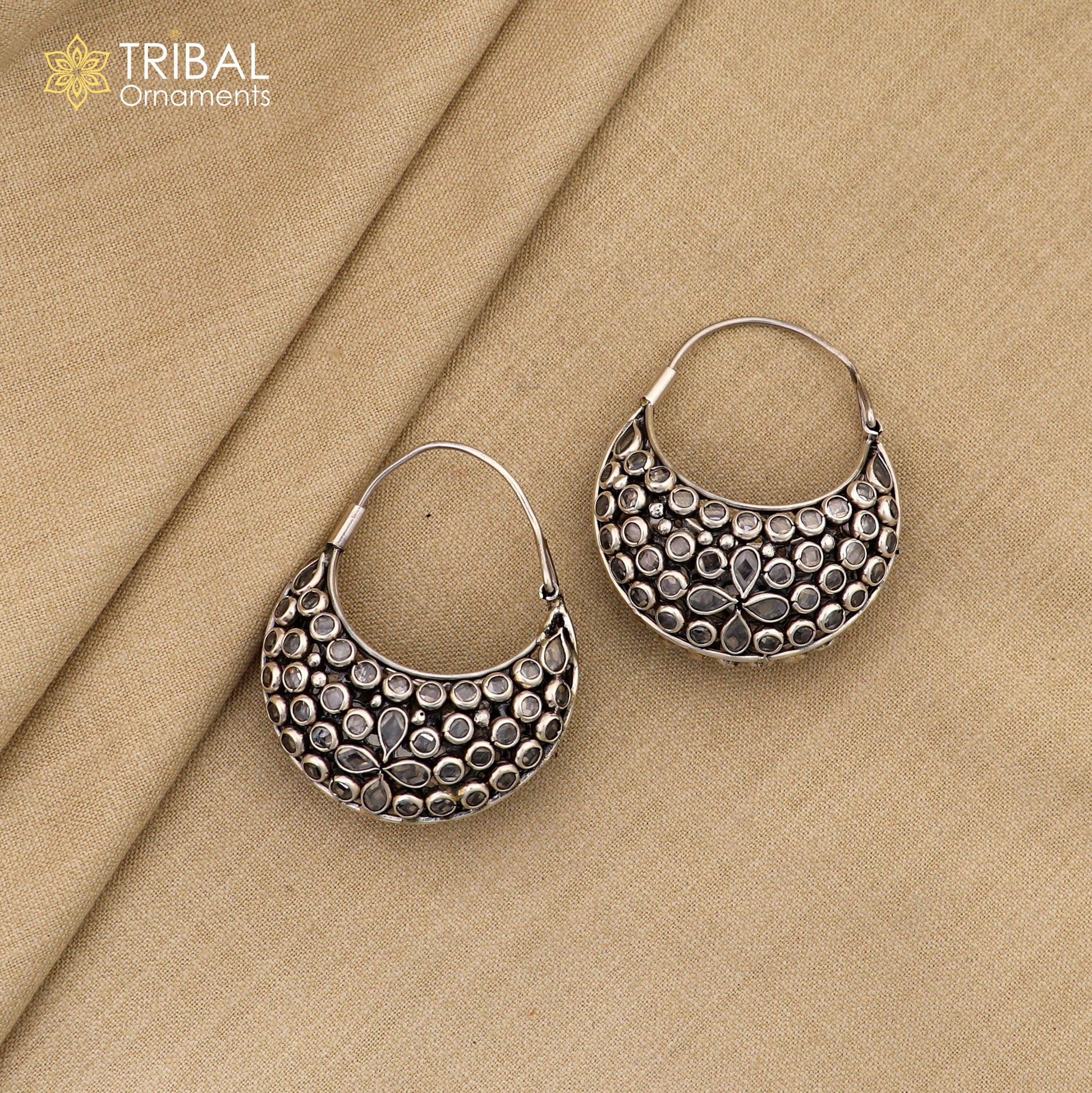 925 sterling silver vintage stylish crystal polki stone hoops earring brides belly dance jewelry s1096 - TRIBAL ORNAMENTS