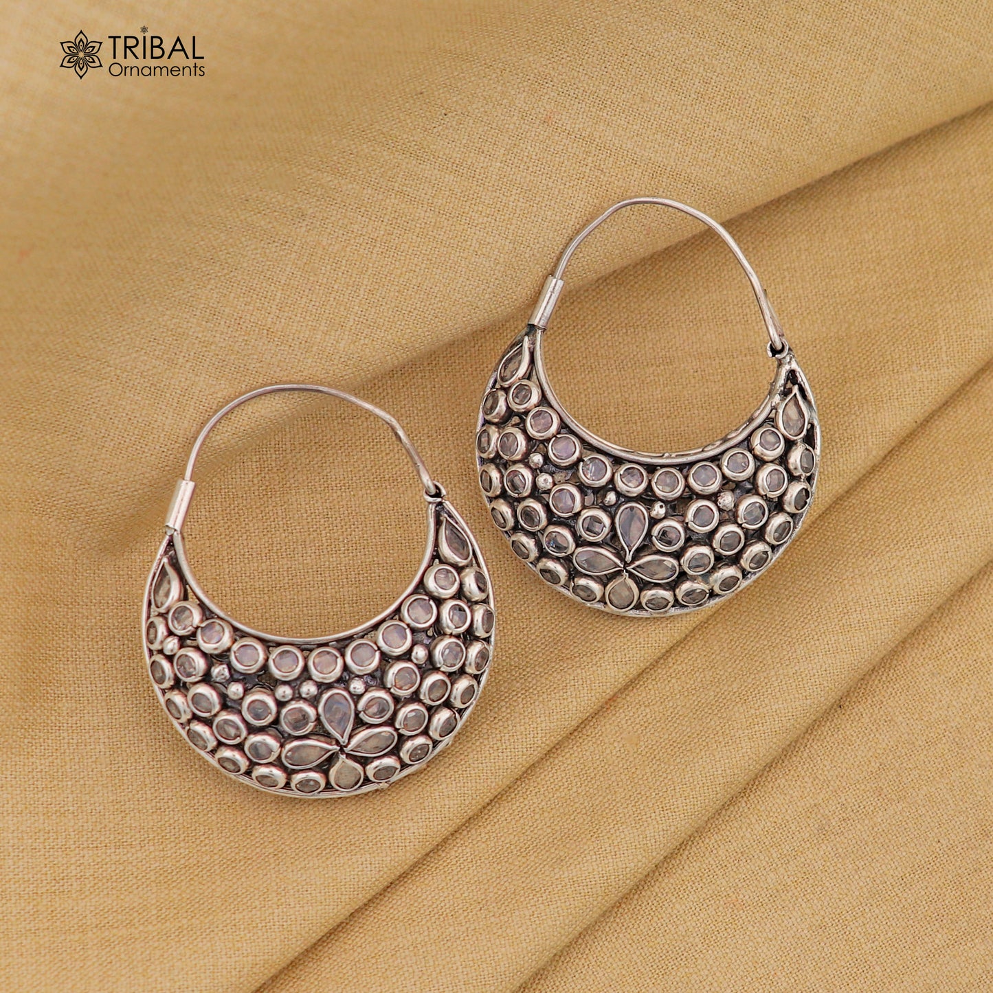 925 sterling silver vintage stylish crystal polki stone hoops earring brides belly dance jewelry s1096 - TRIBAL ORNAMENTS