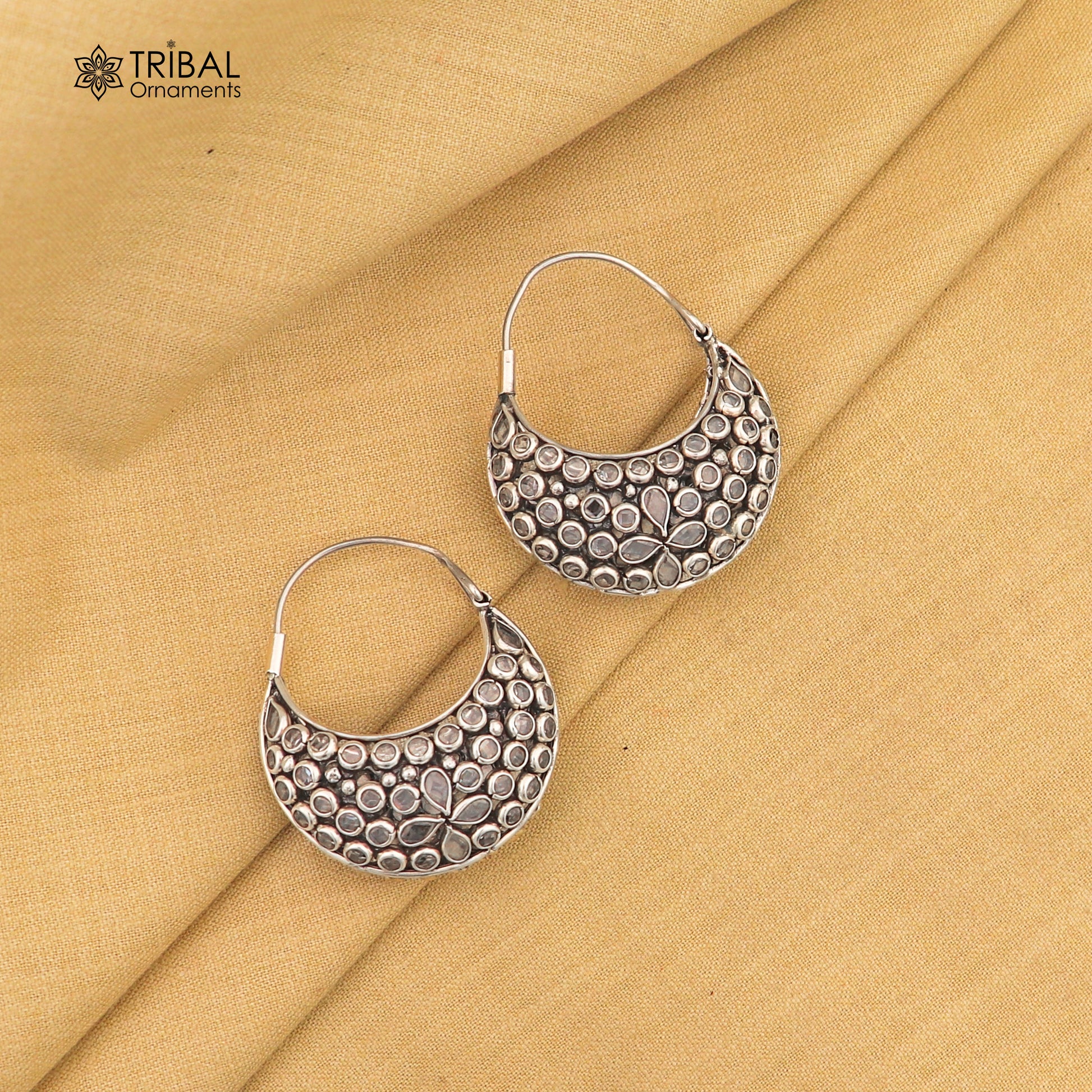 925 sterling silver vintage stylish crystal polki stone hoops earring brides belly dance jewelry s1096 - TRIBAL ORNAMENTS