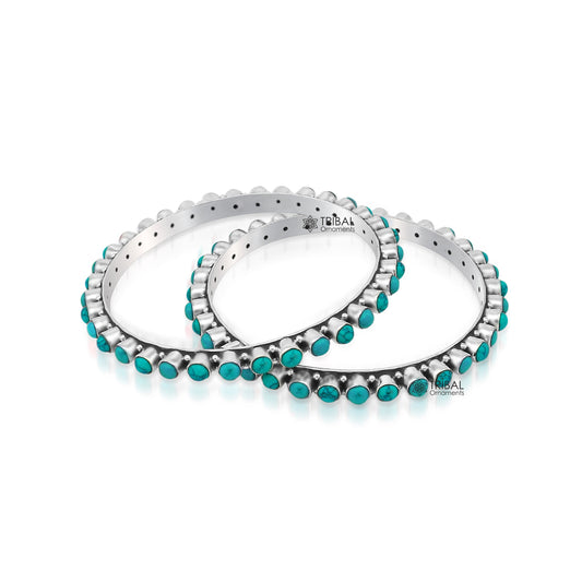 925 sterling silver vintage Waved design turquoise stone bangle bracelet kada, best gift for brides ethnic jewelry nba418 - TRIBAL ORNAMENTS