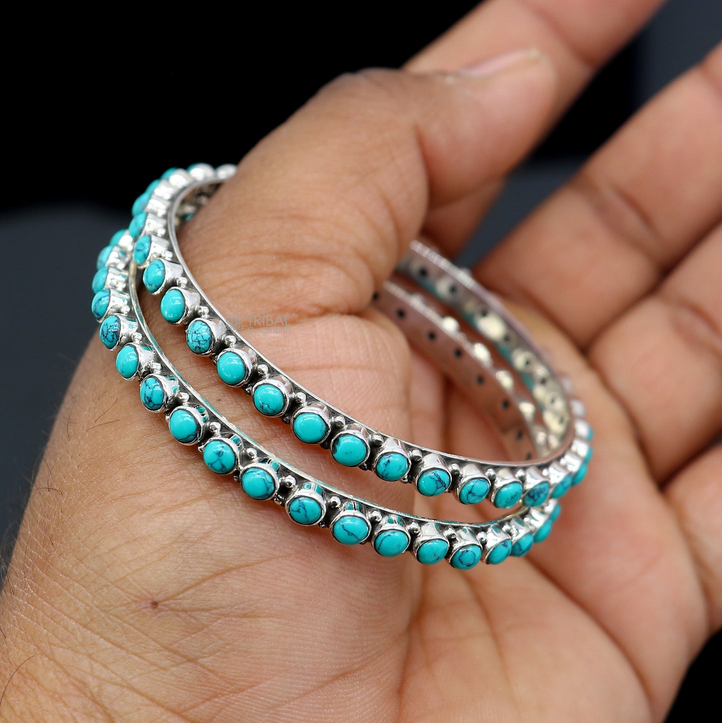 Sterling silver turquoise stone bangle bracelet with vintage waved design, ethnic jewelry perfect for brides by TRIBAL ORNAMENTS