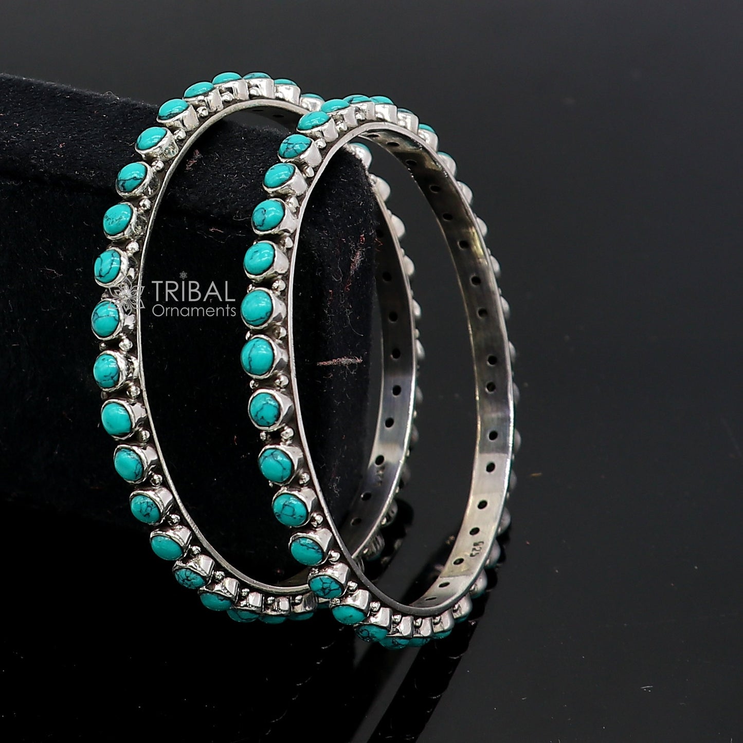 Sterling silver turquoise stone bangle bracelet with vintage waved design, ethnic jewelry perfect for brides from Tribal Ornaments.